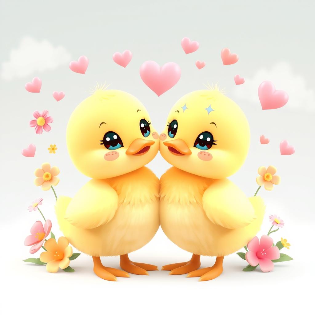 A cute 3D kawaii style illustration of a pair of love-struck ducklings