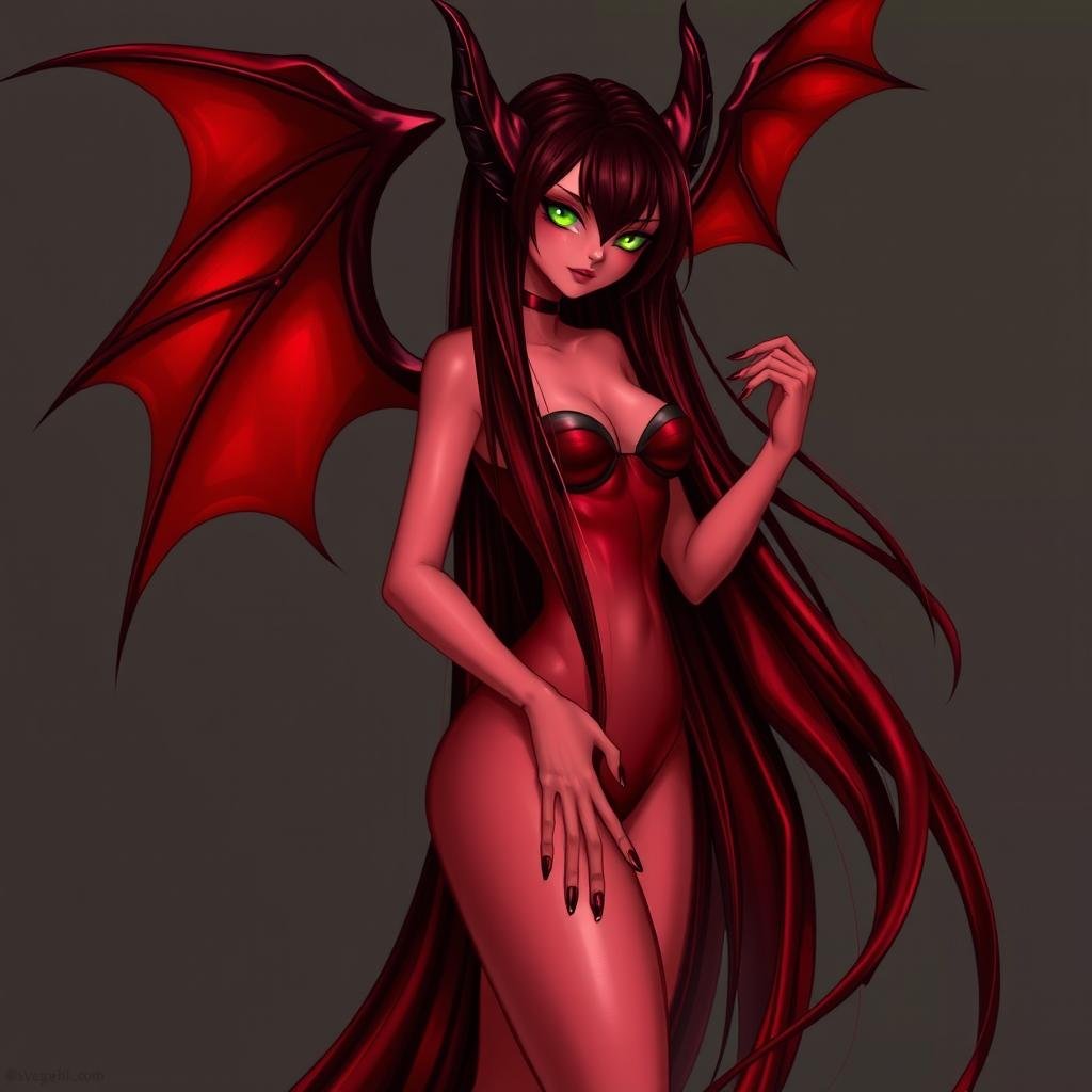 An enchanting female character with incredibly long, straight, dark crimson hair that nearly resembles black, flowing freely beyond her waist and shoulders, shimmering with deep red reflections in the light