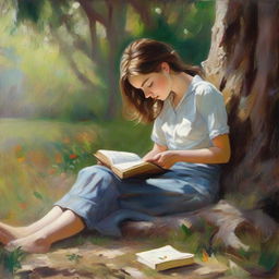 A loose style oil painting featuring a young, pretty girl in full view. She is leaning against a tree, falling asleep while reading a book.