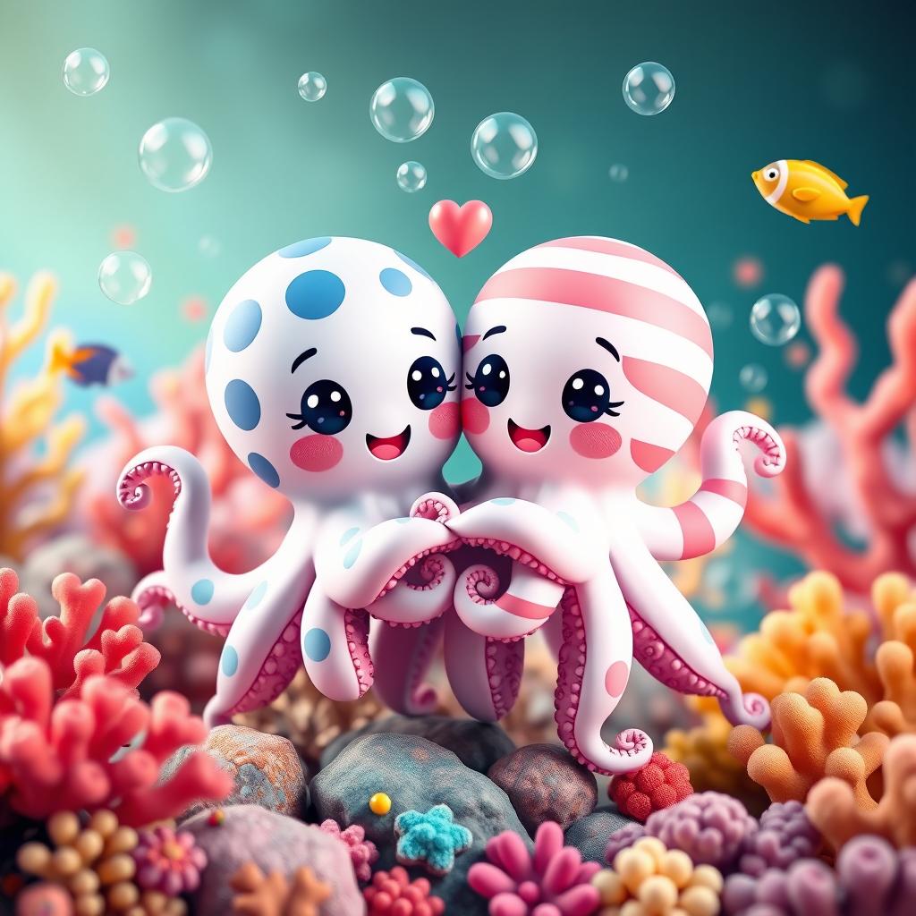 A cute 3D kawaii style illustration of a couple of adorable octopuses in love