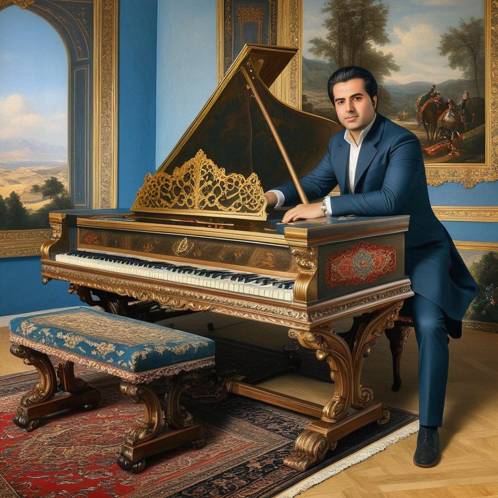 Place the man next to the keyboard instrument in the photograph, under a Persian carpet, keeping the landscape of the photograph next to where the man appears: the work should refer to the late Baroque style, appearing like an oil painting.