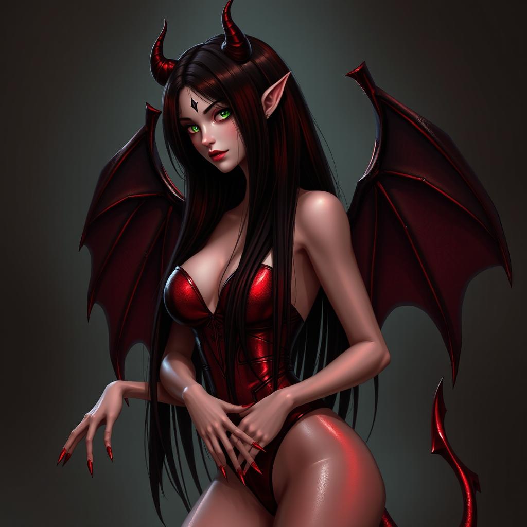 A mesmerizing female character portrayed as a classic succubus, featuring very long, straight, dark crimson hair that appears almost black, flowing freely past her shoulders and cascading down to her waist, sparkling with deep red reflections in the light