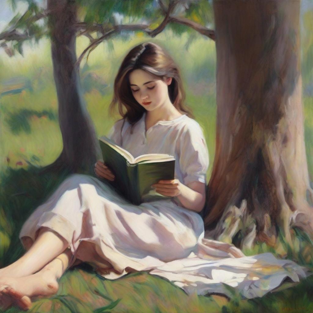 A loose style oil painting featuring a young, pretty girl in full view. She is leaning against a tree, falling asleep while reading a book.