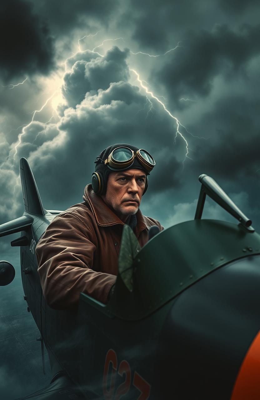 A courageous pilot flying a classic vintage airplane through turbulent stormy skies