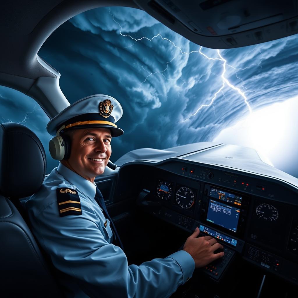 An airline pilot piloting a modern commercial jet through stormy skies filled with dark, swirling clouds and vivid lightning flashes