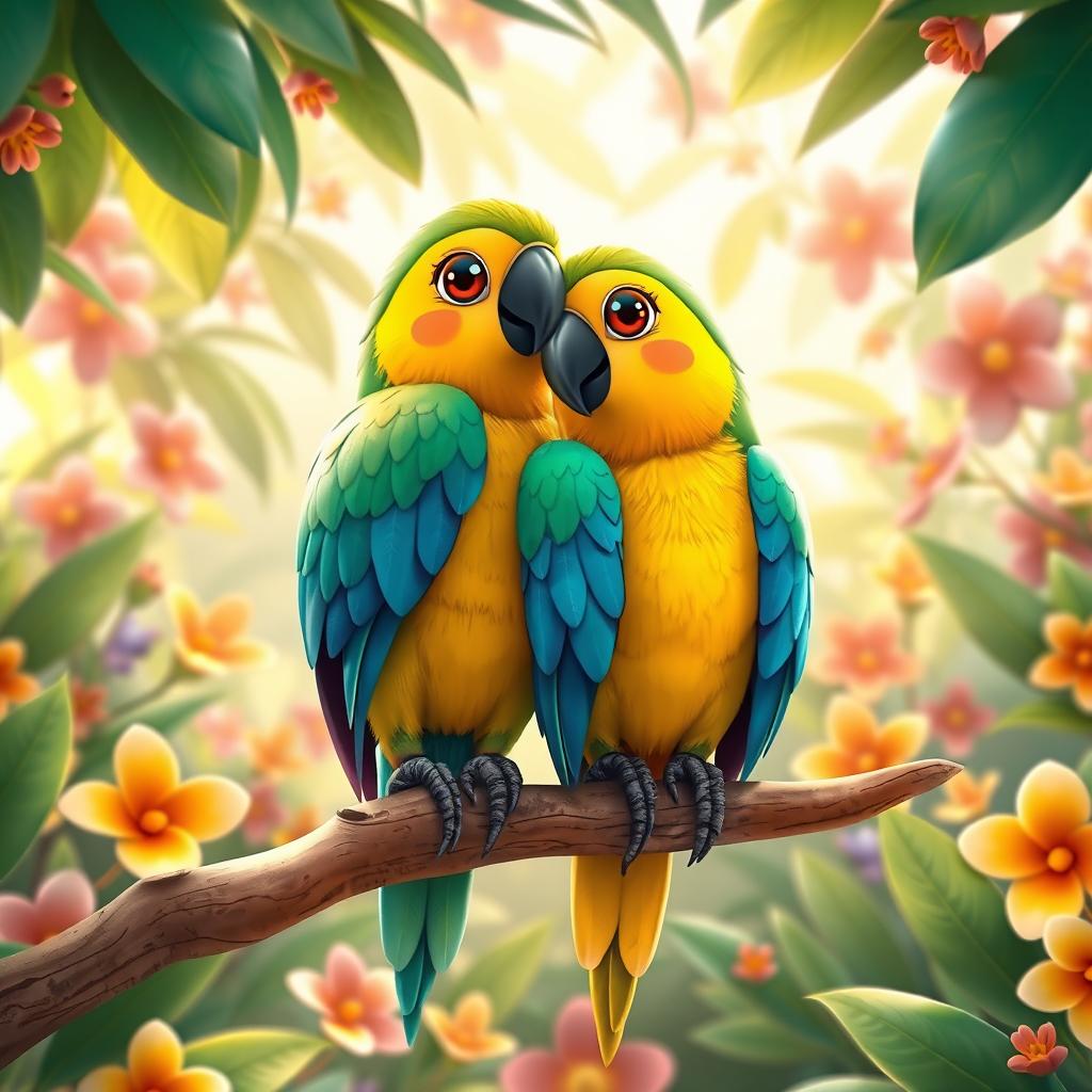 A 3D kawaii style image featuring a lovely couple of macaws in love