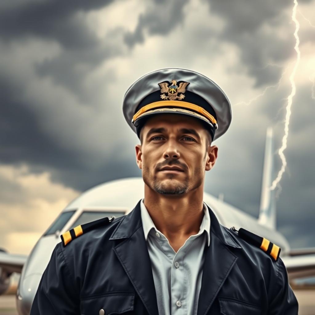 A handsome, rugged airline pilot standing confidently in front of a modern commercial jet, with stormy skies as a dramatic backdrop