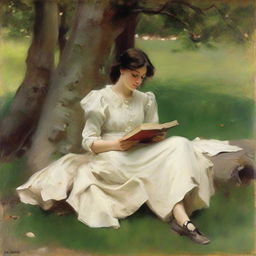 A loose style oil painting in the manner of John Singer Sargent, featuring a young, pretty girl in full view. She is leaning against a tree, falling asleep while reading a book.