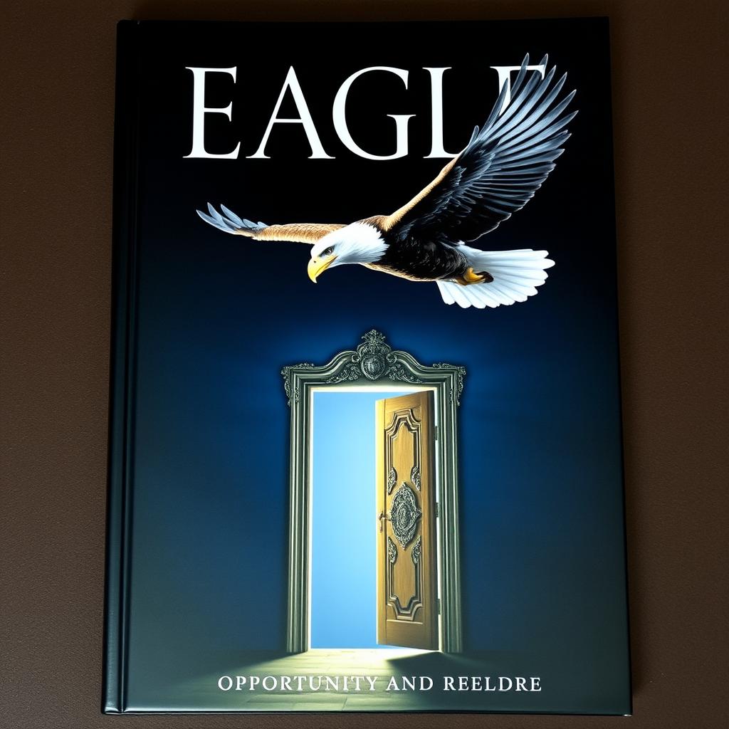 A striking cover featuring a majestic eagle soaring gracefully in the sky, with an open door in the foreground symbolizing opportunity and freedom