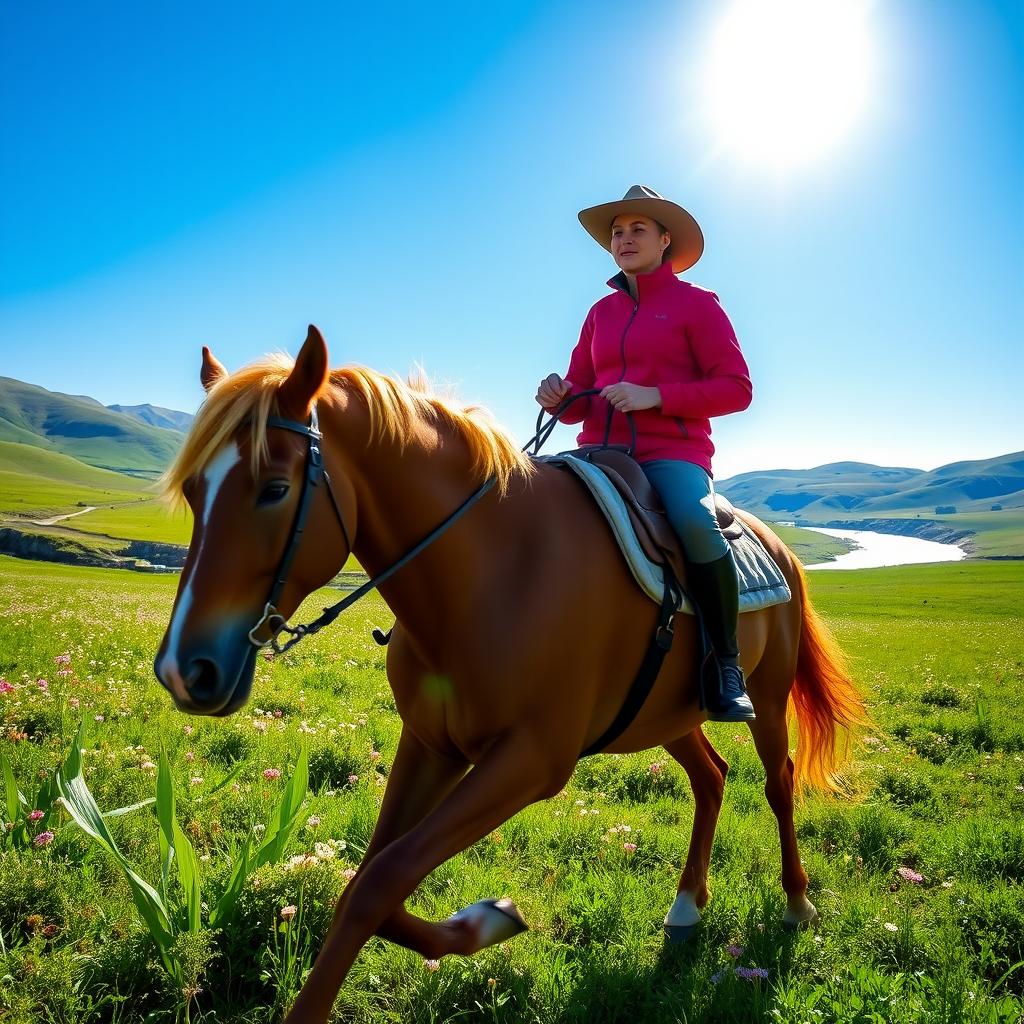A majestic scene of a person riding a beautiful horse through a lush green landscape