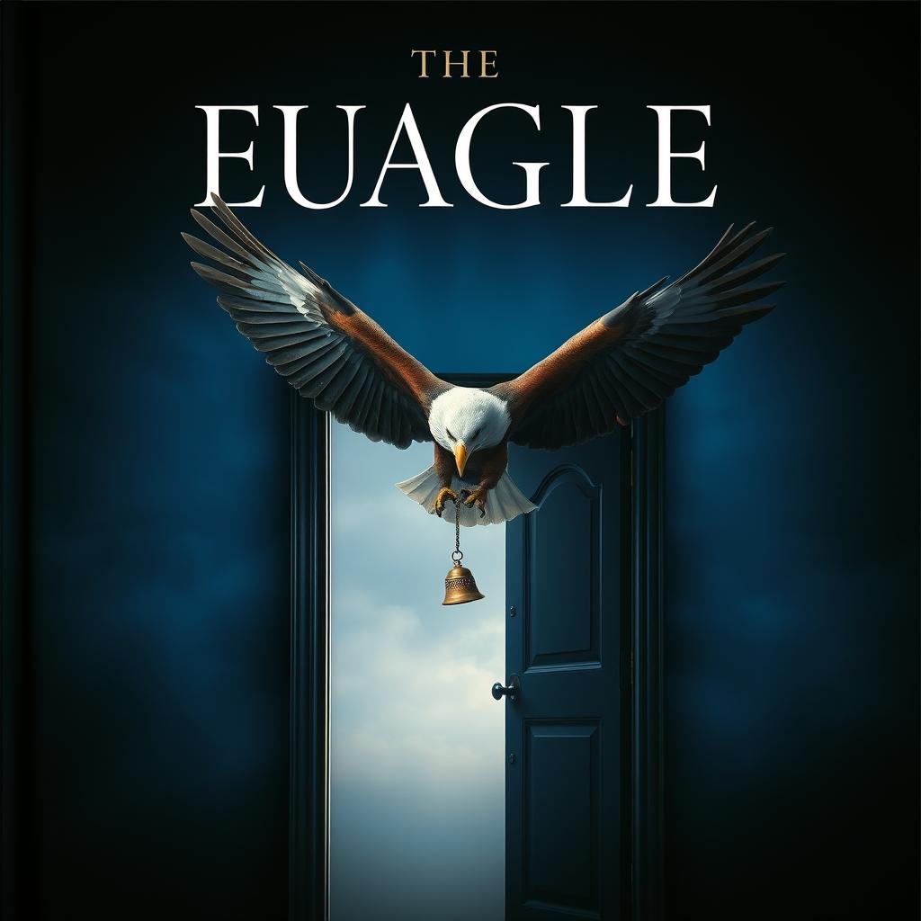 A striking cover design featuring a majestic eagle soaring gracefully with its wings spread wide, positioned above an open door that leads to an unknown yet inviting space