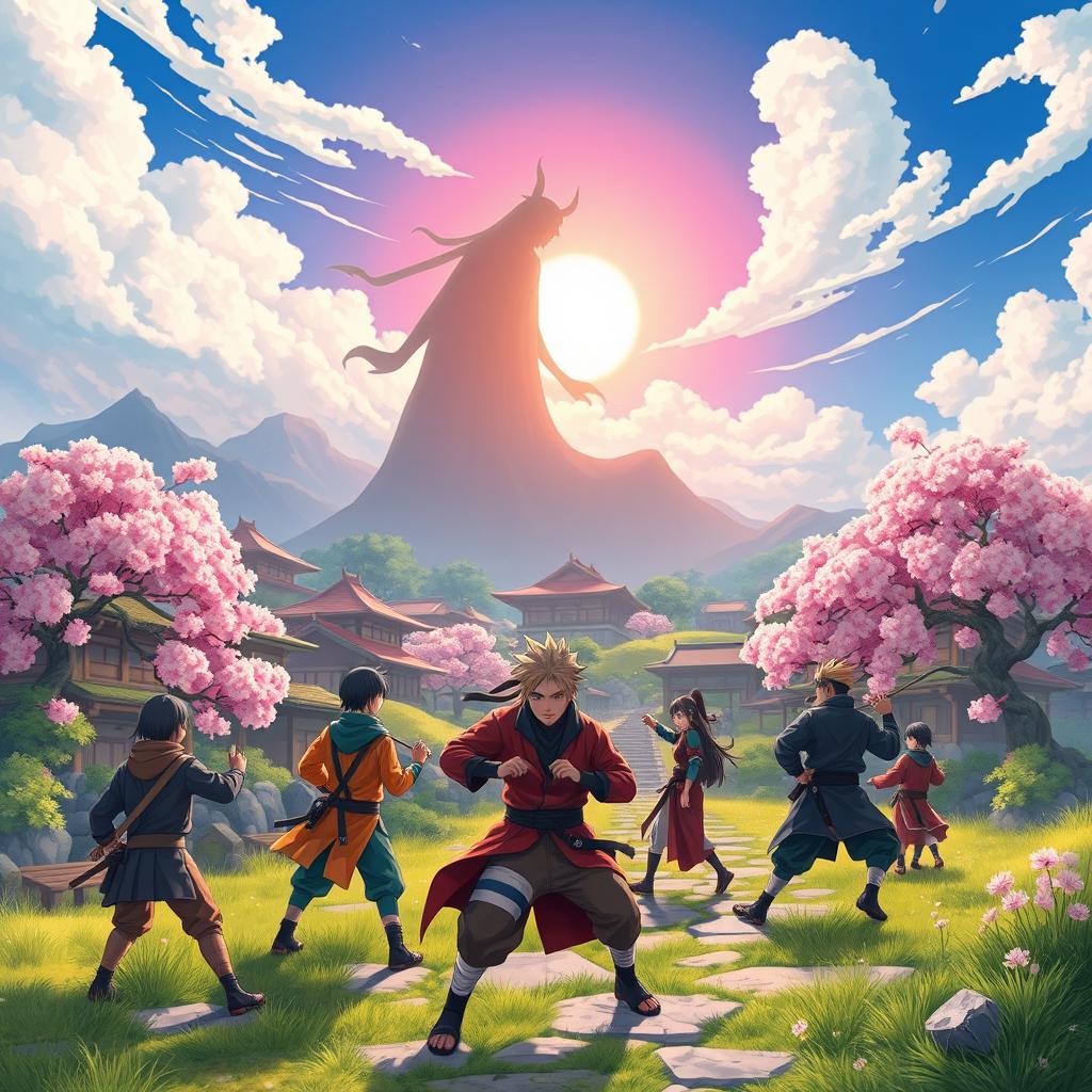 A digital art illustration featuring a ninja village inspired by anime, showcasing vibrant landscapes with cherry blossom trees, traditional Japanese architecture, and a mysterious spirit in the background