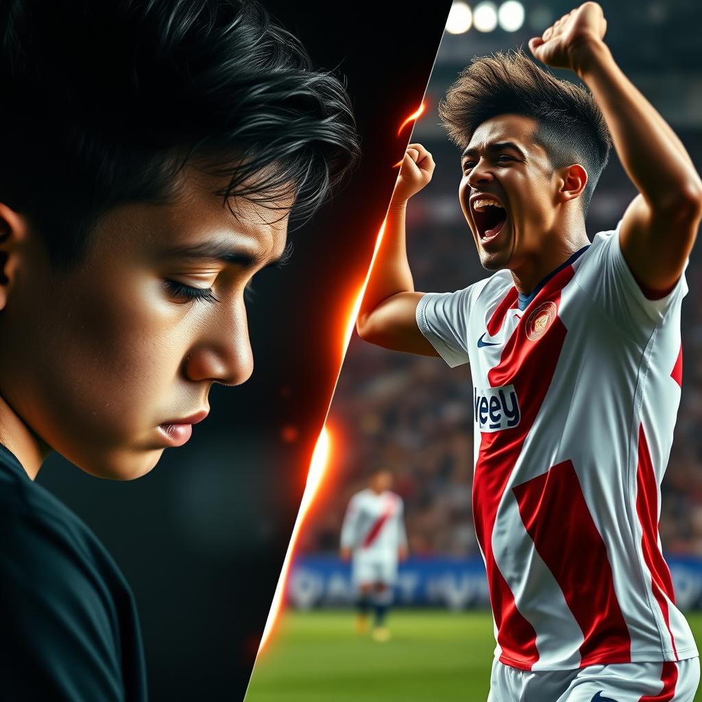 A dramatic split-screen image of a young Vinicius Jr