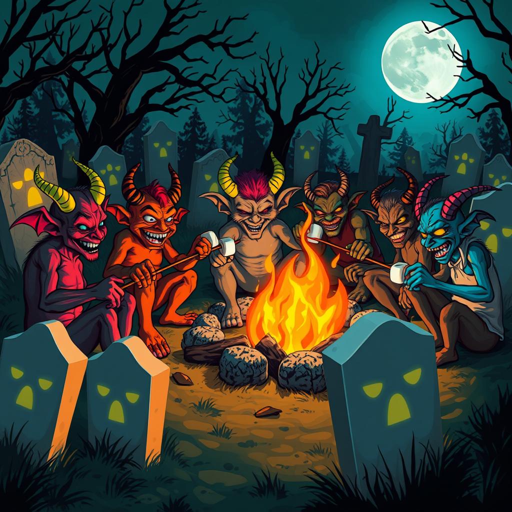 A group of demons gathered around a campfire in a spooky graveyard, with glowing tombstones surrounding them
