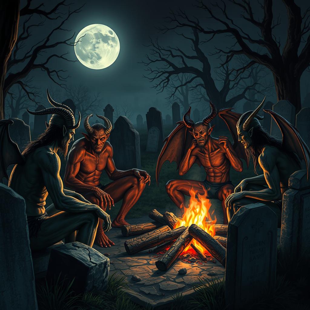 A group of demons sitting around a campfire at a graveyard, with gravestones and eerie trees in the background