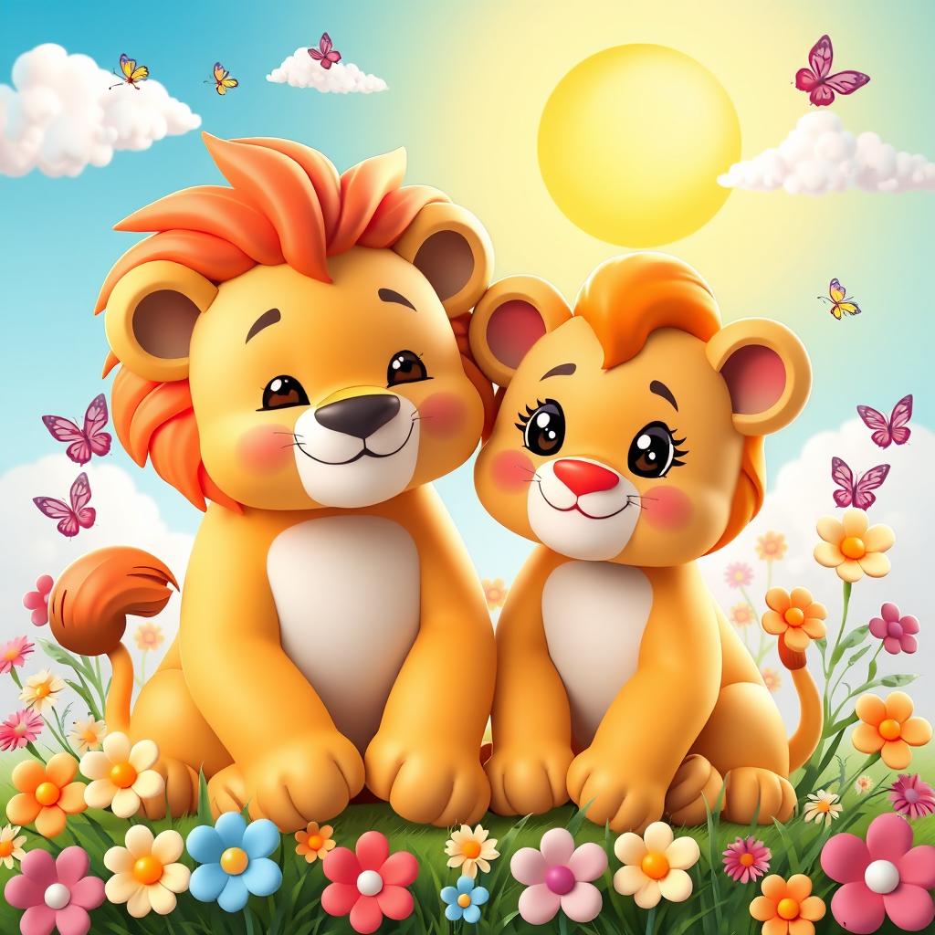A 3D kawaii style illustration of a couple of adorable lions in love, featuring bright colors and soft, rounded shapes