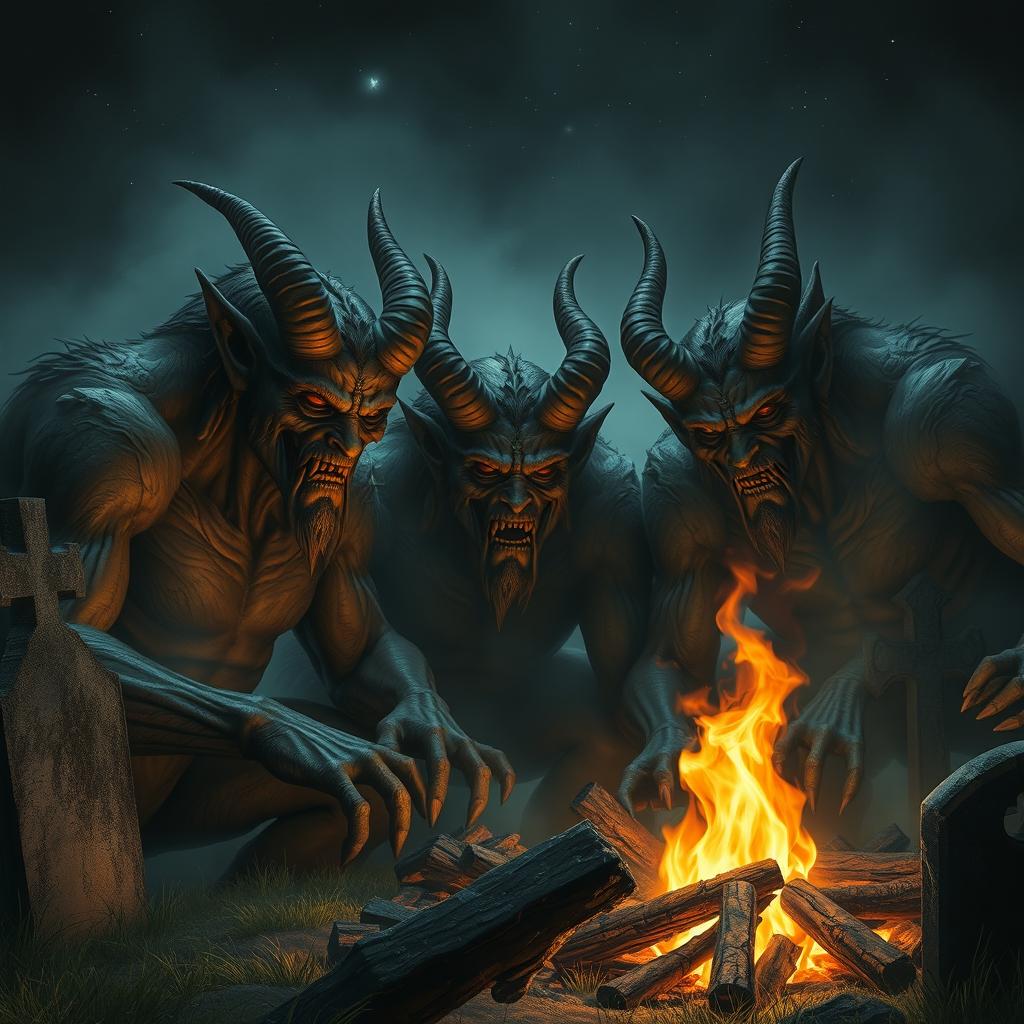 Demons gathered around a campfire in a graveyard, evoking a dark and eerie atmosphere