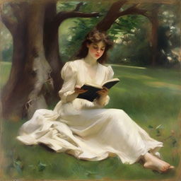 A loose style oil painting in the manner of John Singer Sargent, featuring a young, pretty girl in full view. She is leaning against a tree, falling asleep while reading a book.