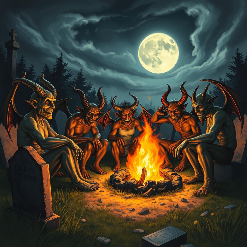Demons sitting around a campfire in a graveyard, depicted in a realistic style