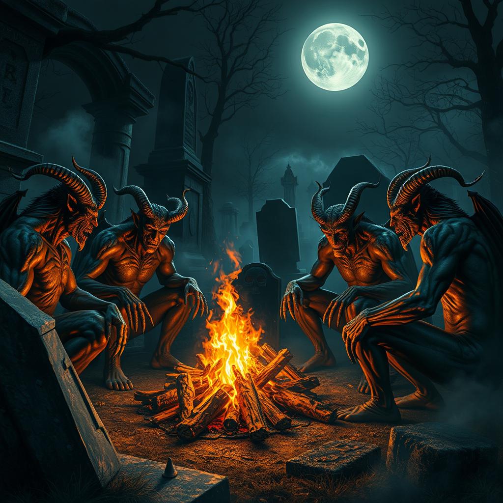 Realistic depiction of demons sitting around a bonfire in a graveyard