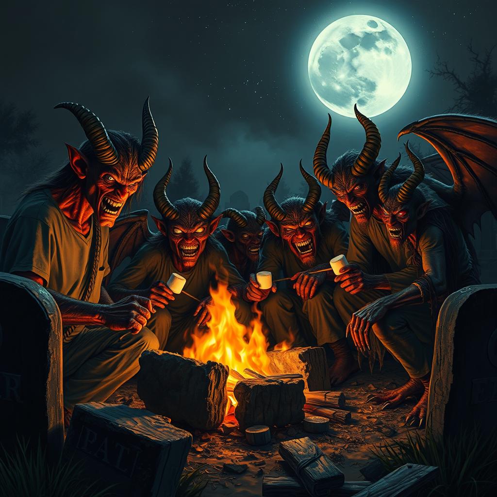 Demons gathered around a campfire in a graveyard, atmospheric realism, with detailed expressions of curiosity and mischief