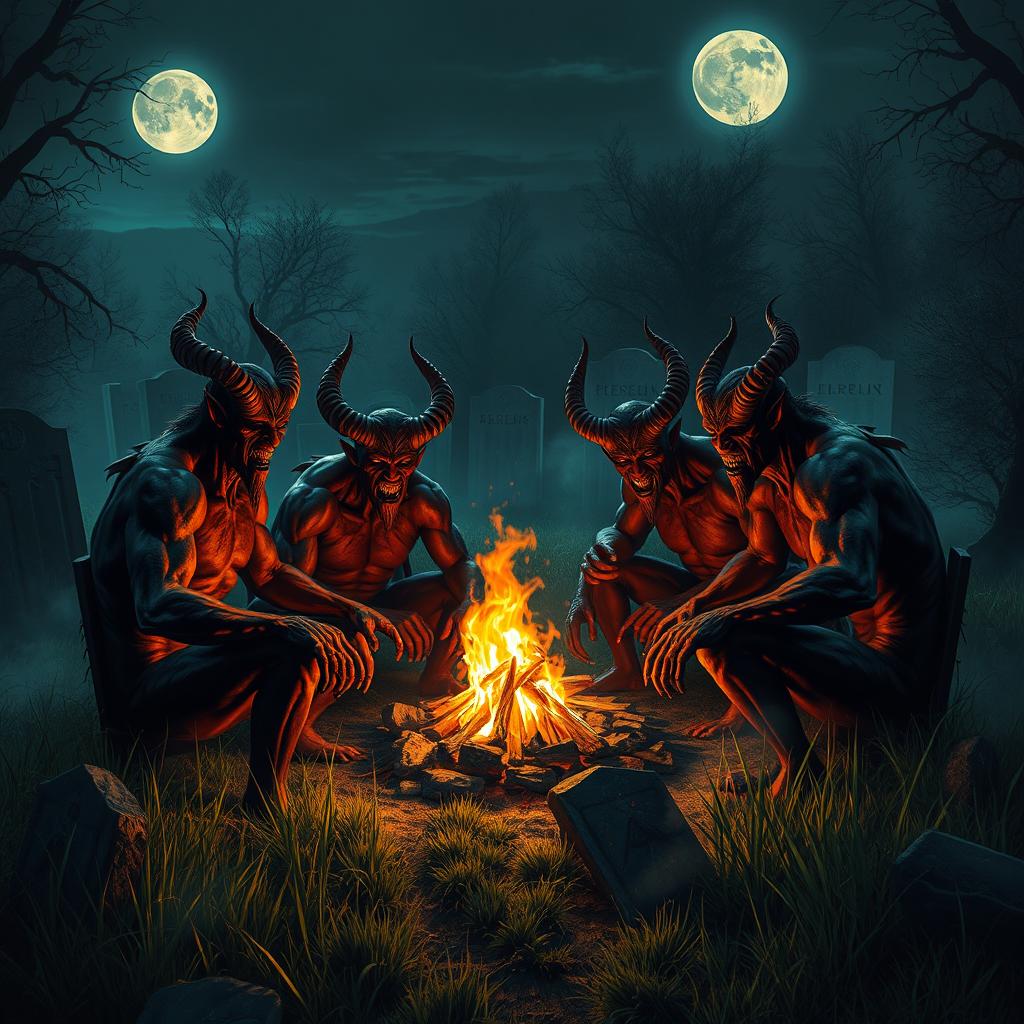 A group of demons sitting around a campfire in a graveyard, with tombstones and eerie lighting casting shadows