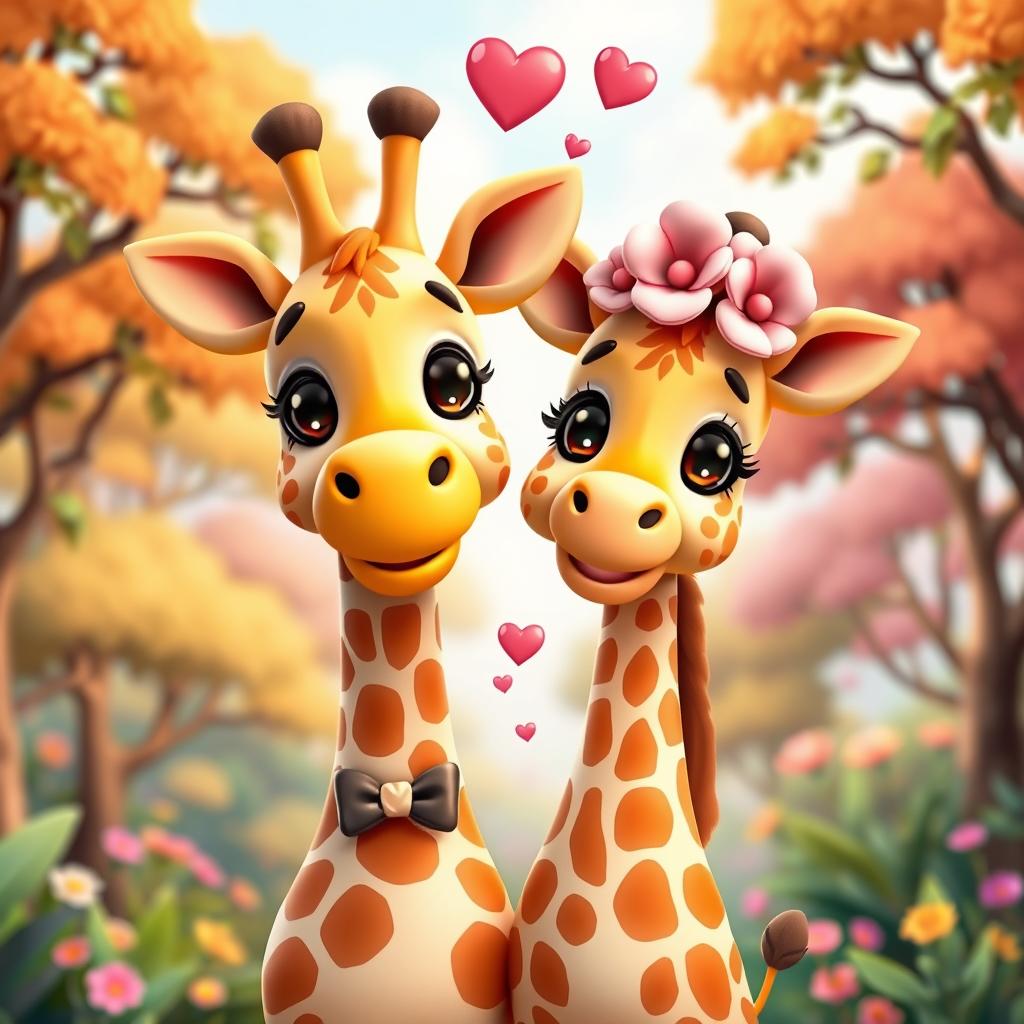 A 3D kawaii style image of a couple of adorable giraffes in love, with big expressive eyes, cute smiles, and hearts around them