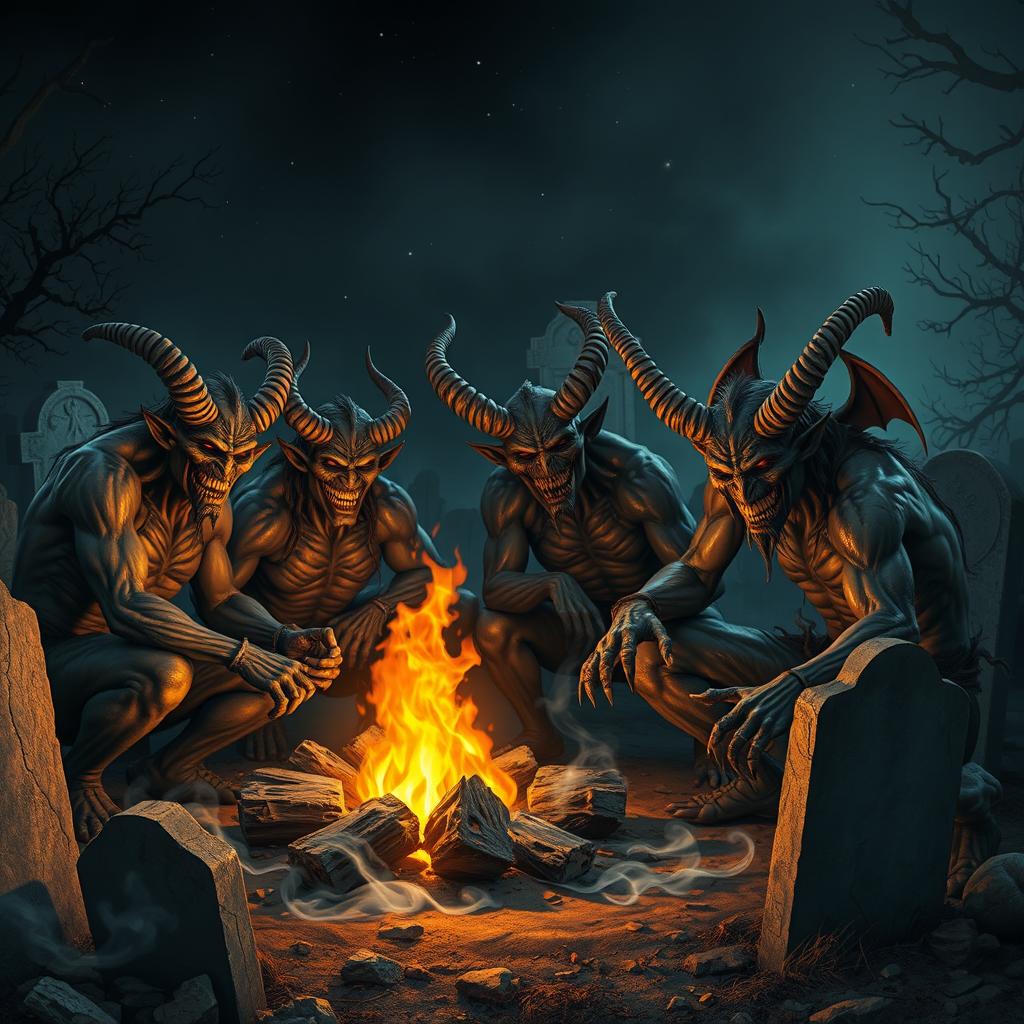 A detailed and atmospheric scene depicting demons gathered around a flickering campfire in a graveyard