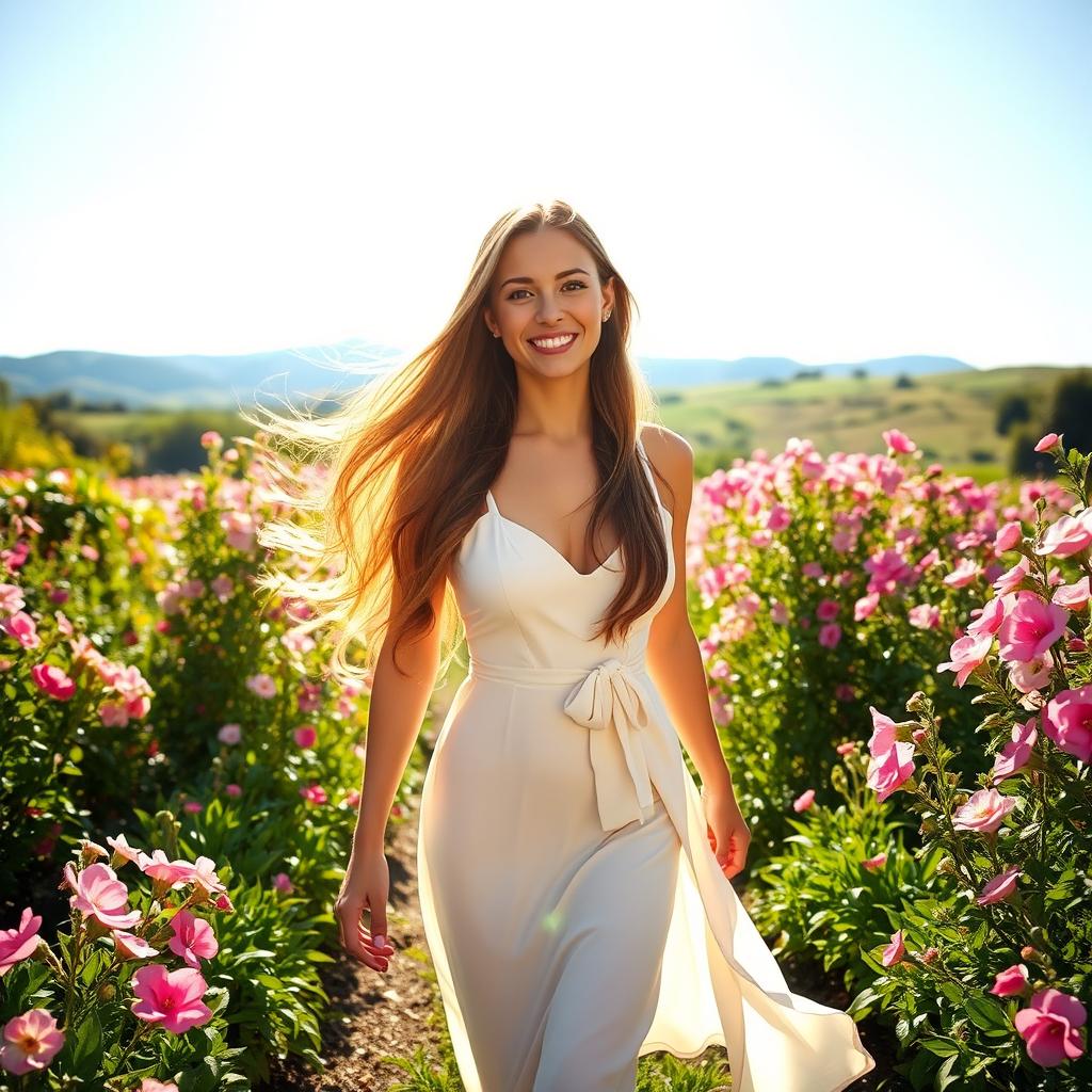 A beautiful woman with long flowing hair, wearing an elegant dress, gracefully walking through a vibrant garden filled with blooming flowers and lush greenery