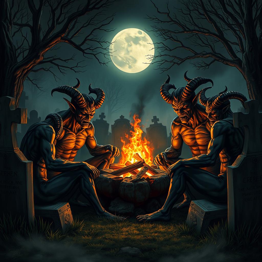 Demons sitting around a campfire in a graveyard, surrounded by tombstones and eerie trees
