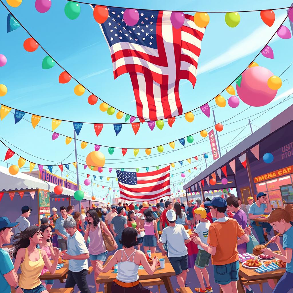 A vibrant and dynamic digital illustration depicting a lively outdoor festival scene filled with people celebrating