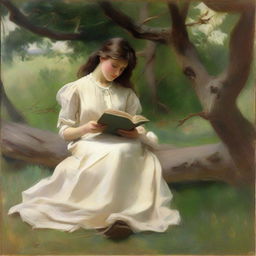 A loose style oil painting in the manner of John Singer Sargent, featuring a young, pretty girl in full view. She is leaning against a tree, falling asleep while reading a book.