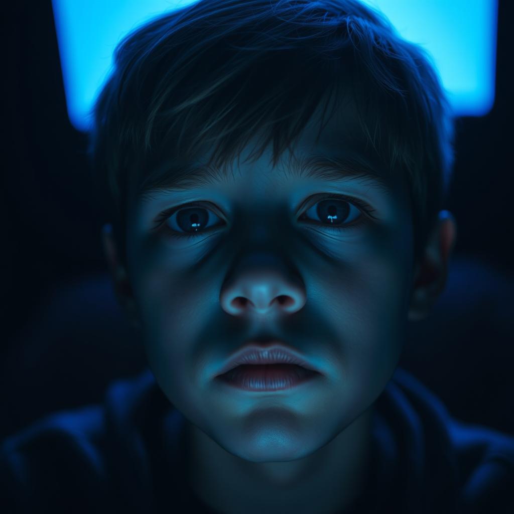 A close-up portrait of a young person's face, illuminated by the cool blue light of a screen in a dark room