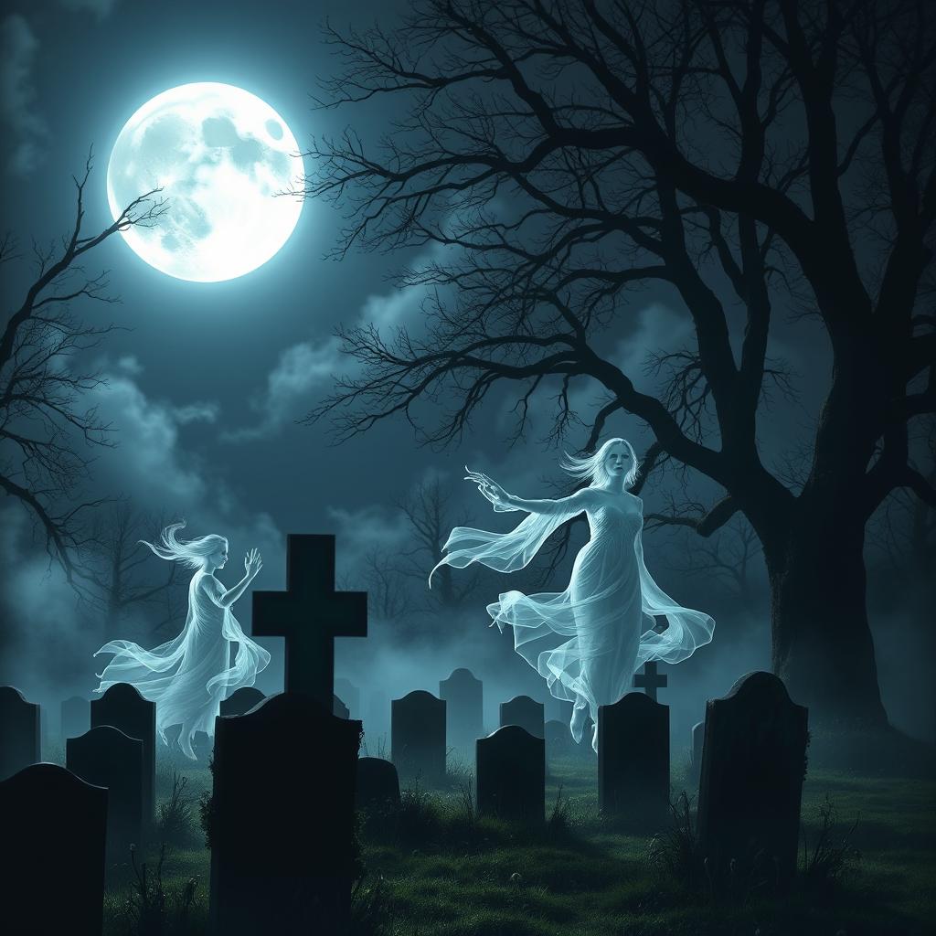A mystical scene depicting a moonlit night at a haunted graveyard, with ethereal spirits wandering among the tombstones