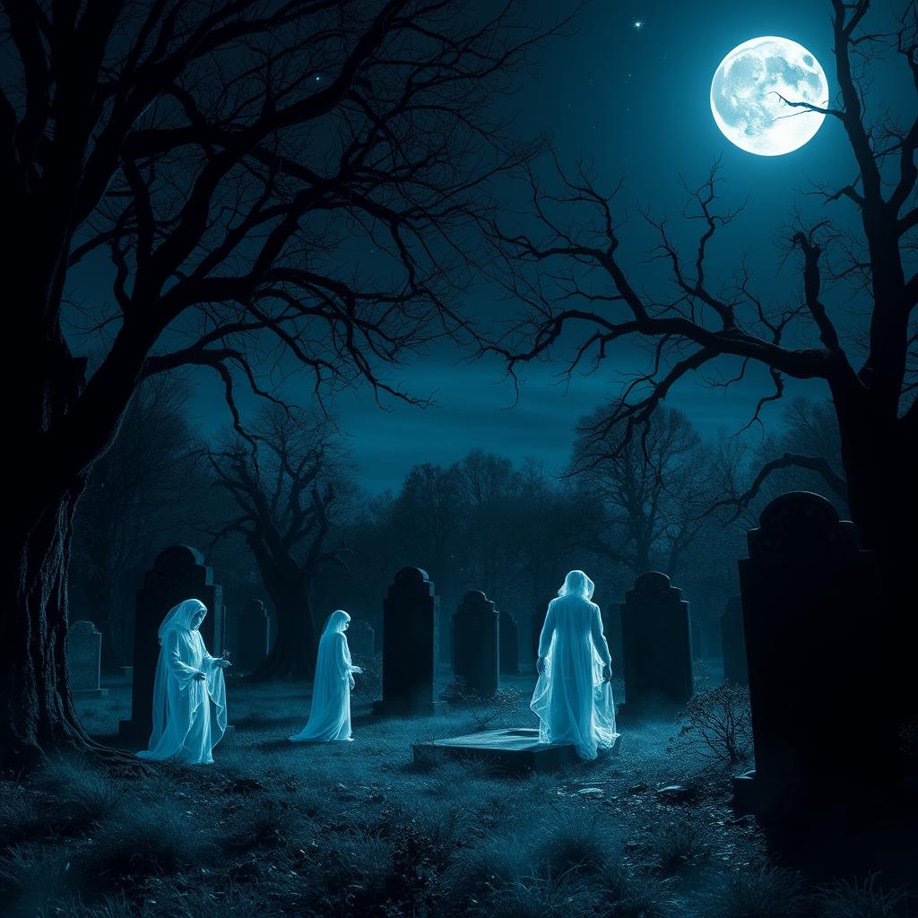 A hauntingly beautiful night scene at a cemetery illuminated by a bright full moon