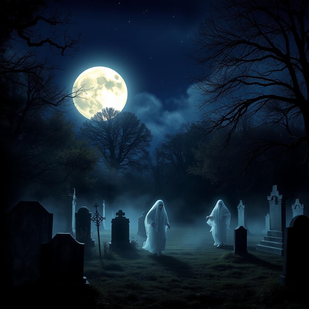 A mystical night scene at a cemetery, illuminated by a glowing full moon casting ethereal light over old gravestones