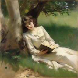 A loose style oil painting in the manner of John Singer Sargent, featuring a young, pretty girl in full view. She is leaning against a tree, falling asleep while reading a book.
