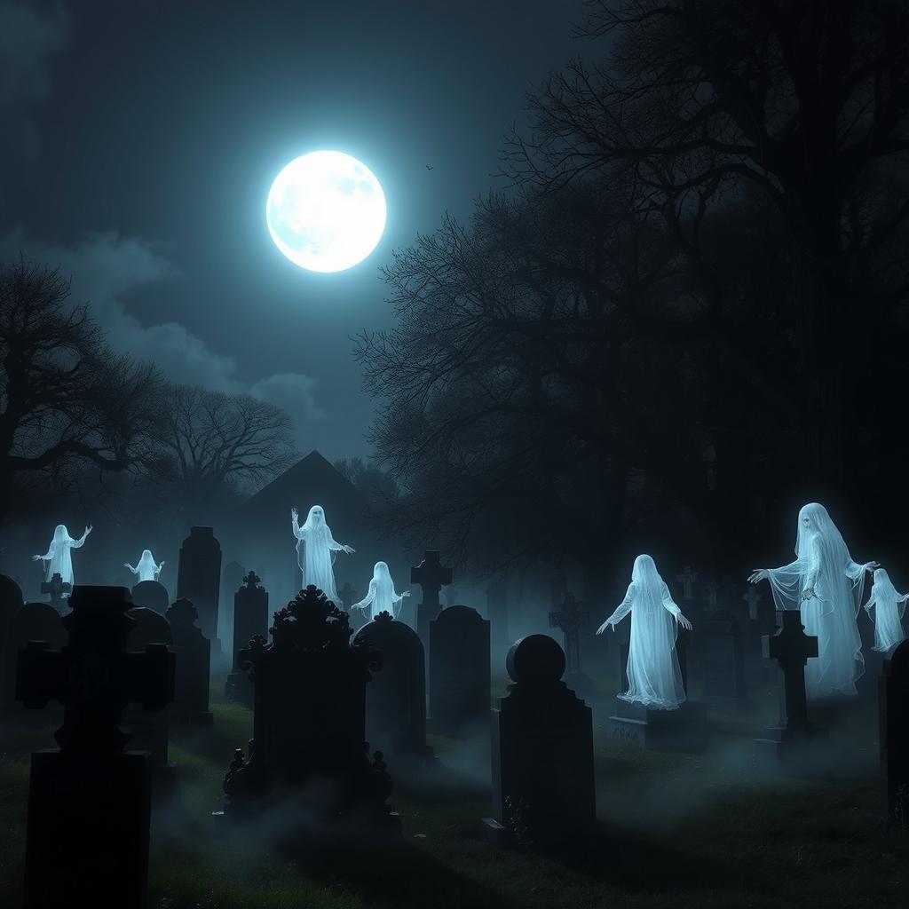 A hauntingly beautiful night scene at a graveyard, illuminated by a full moon casting silver light over the ancient tombstones