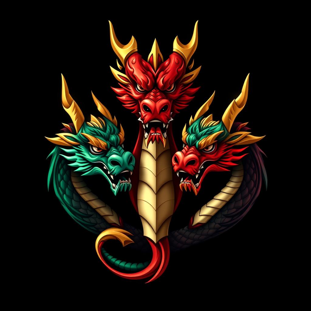 A stunning logo featuring three majestic dragon heads intricately designed, each with unique features
