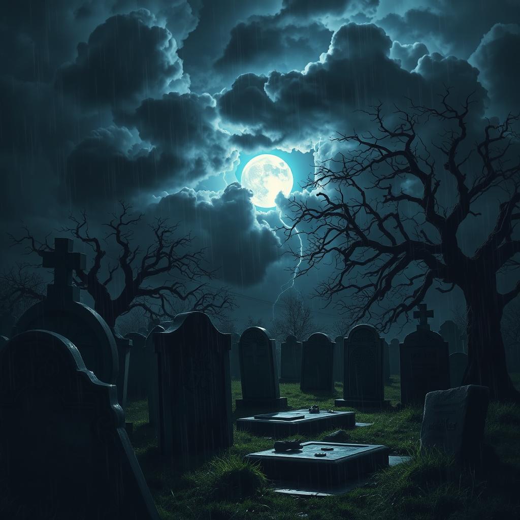 A hauntingly beautiful scene set in a graveyard during a thunderstorm at night