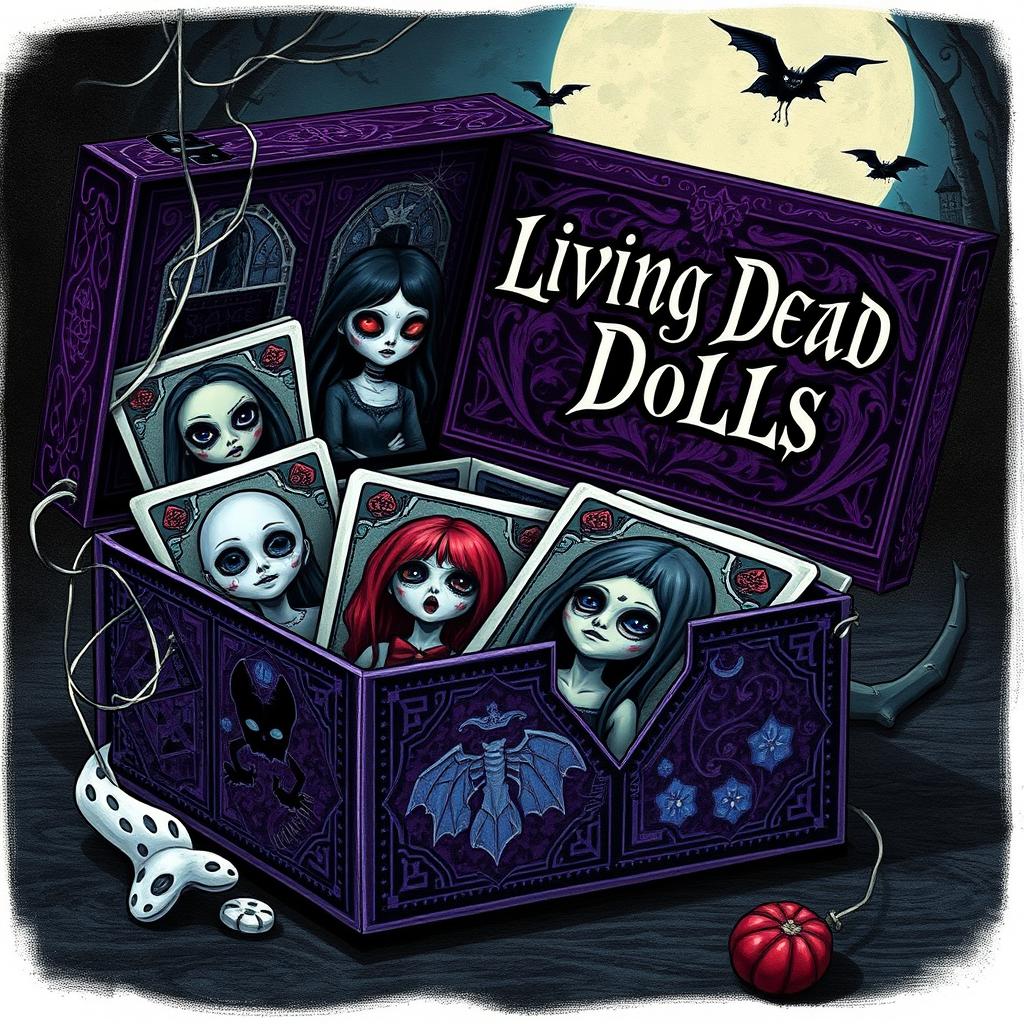 A detailed illustration of a box of cards titled 'Living Dead Dolls'