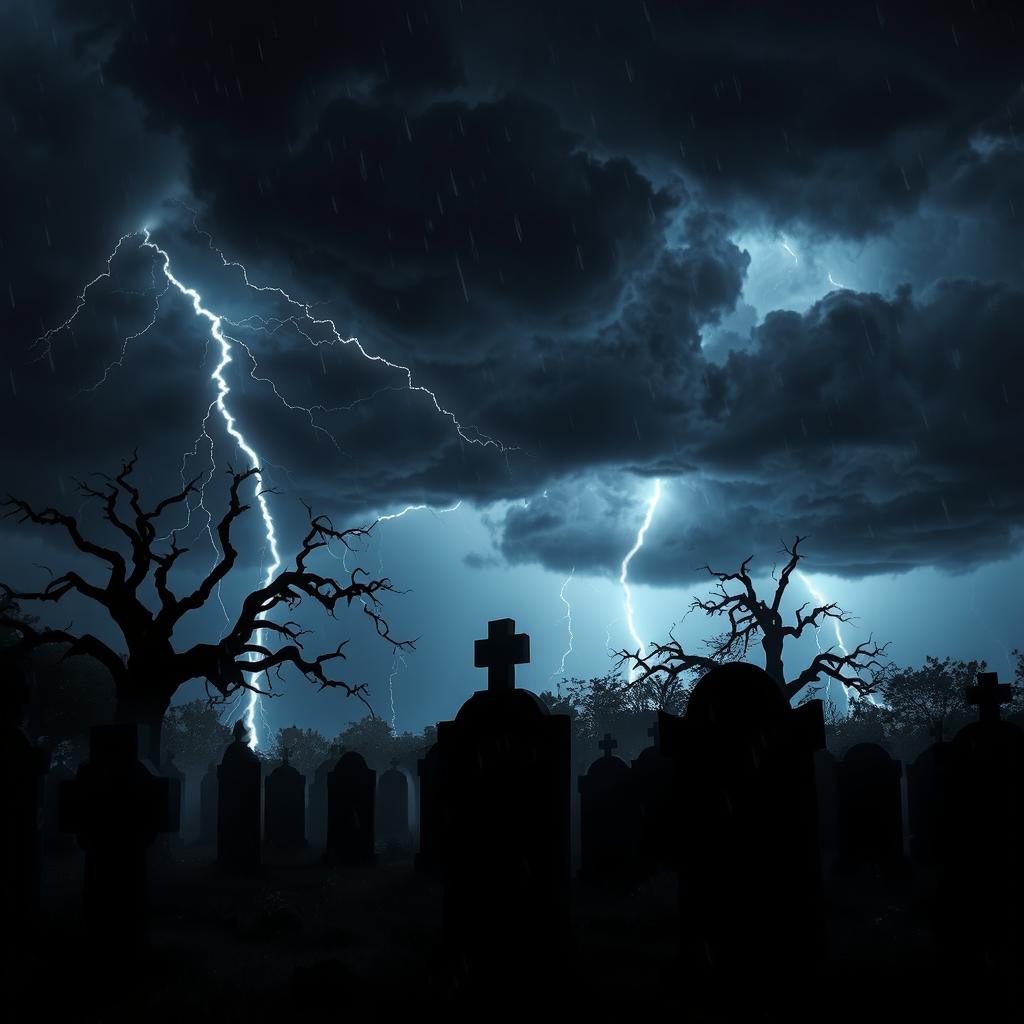 A dark and atmospheric scene of a cemetery during a thunderstorm at night