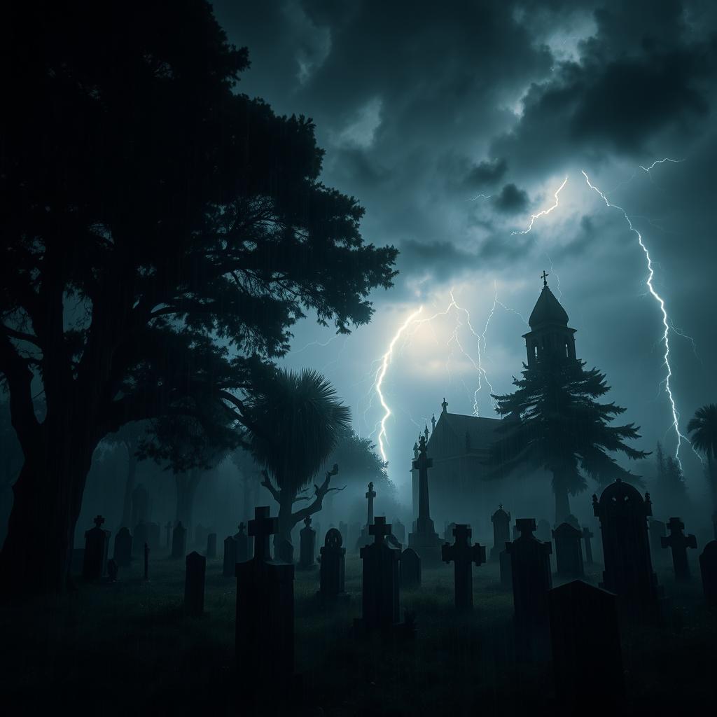 A dark and atmospheric cemetery at night, illuminated by flashes of lightning during a thunderstorm
