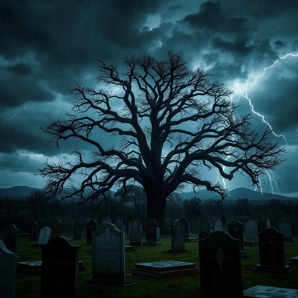 A dramatic night scene at a cemetery during a fierce thunderstorm