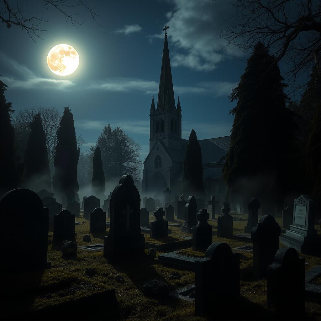 A hauntingly beautiful scene at night depicting an old cemetery under a moonlit sky