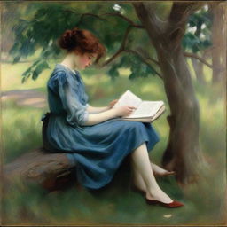 A loose style oil painting in the style of John Singer Sargent, featuring a young girl with dark red hair, wearing a blue dress. She is seen in full view, leaning against a tree, falling asleep while reading a book. The painting should have visible brush strokes.