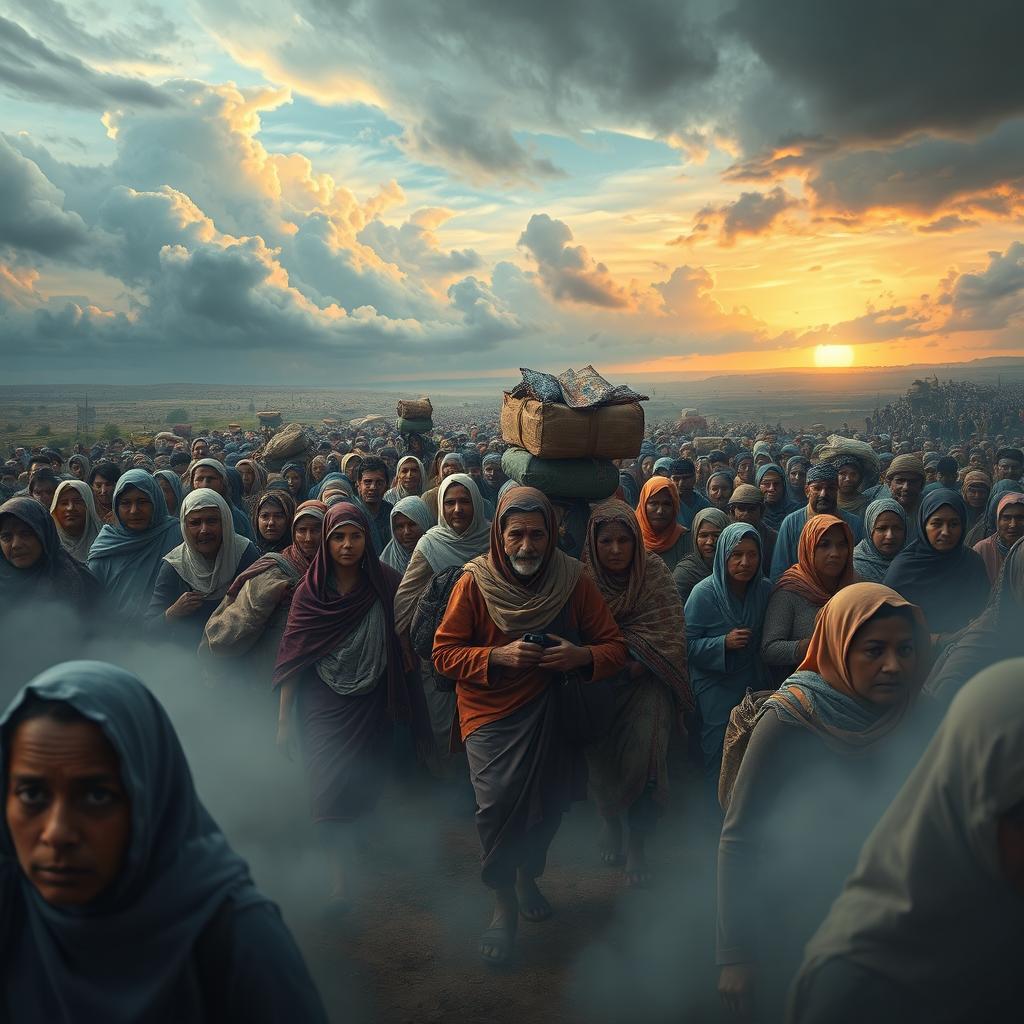 A surreal and metaphorical representation of an exodus, featuring a vast crowd of diverse people carrying their belongings, filled with expressions of hope and melancholy