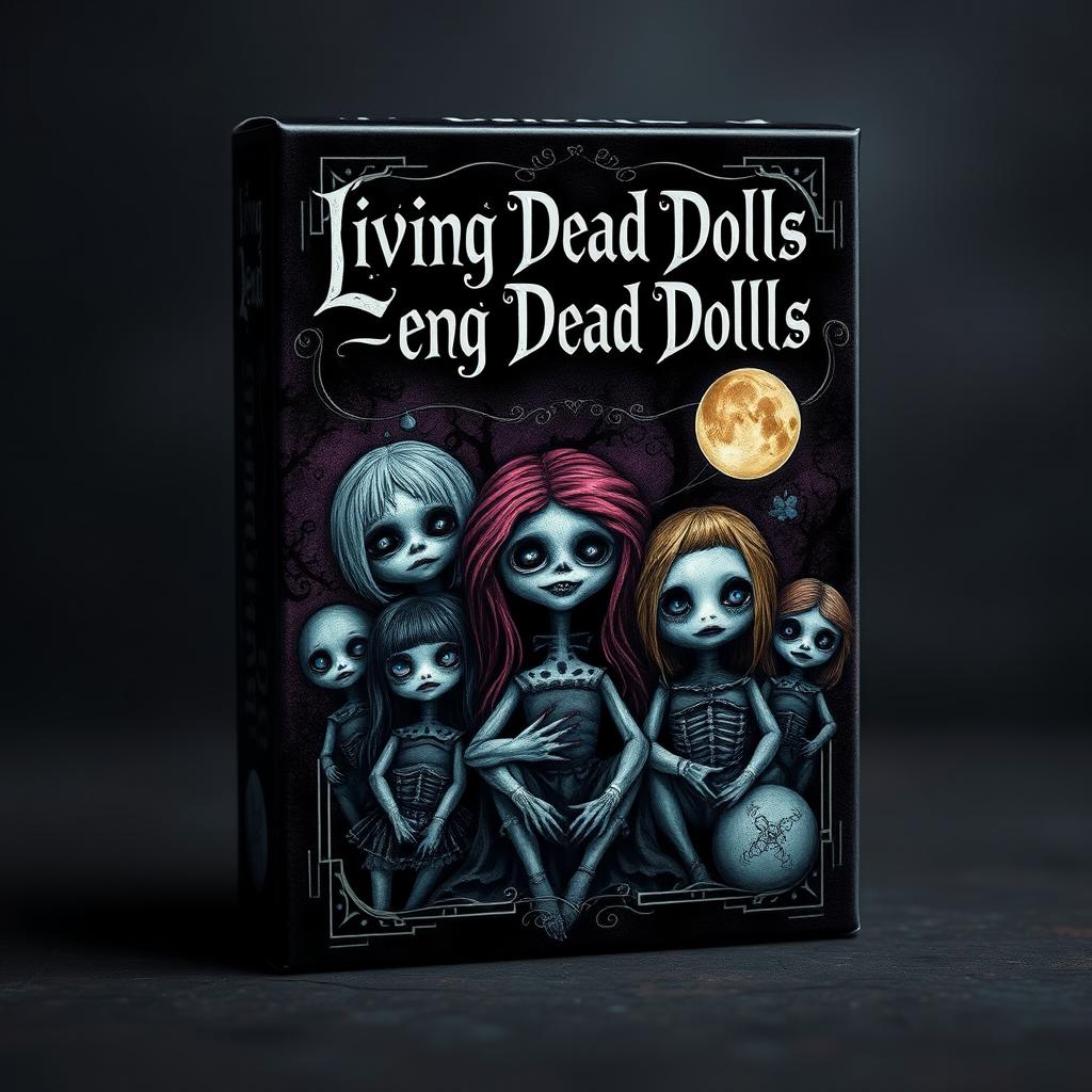 A captivating box cover design for a deck of cards titled "Living Dead Dolls