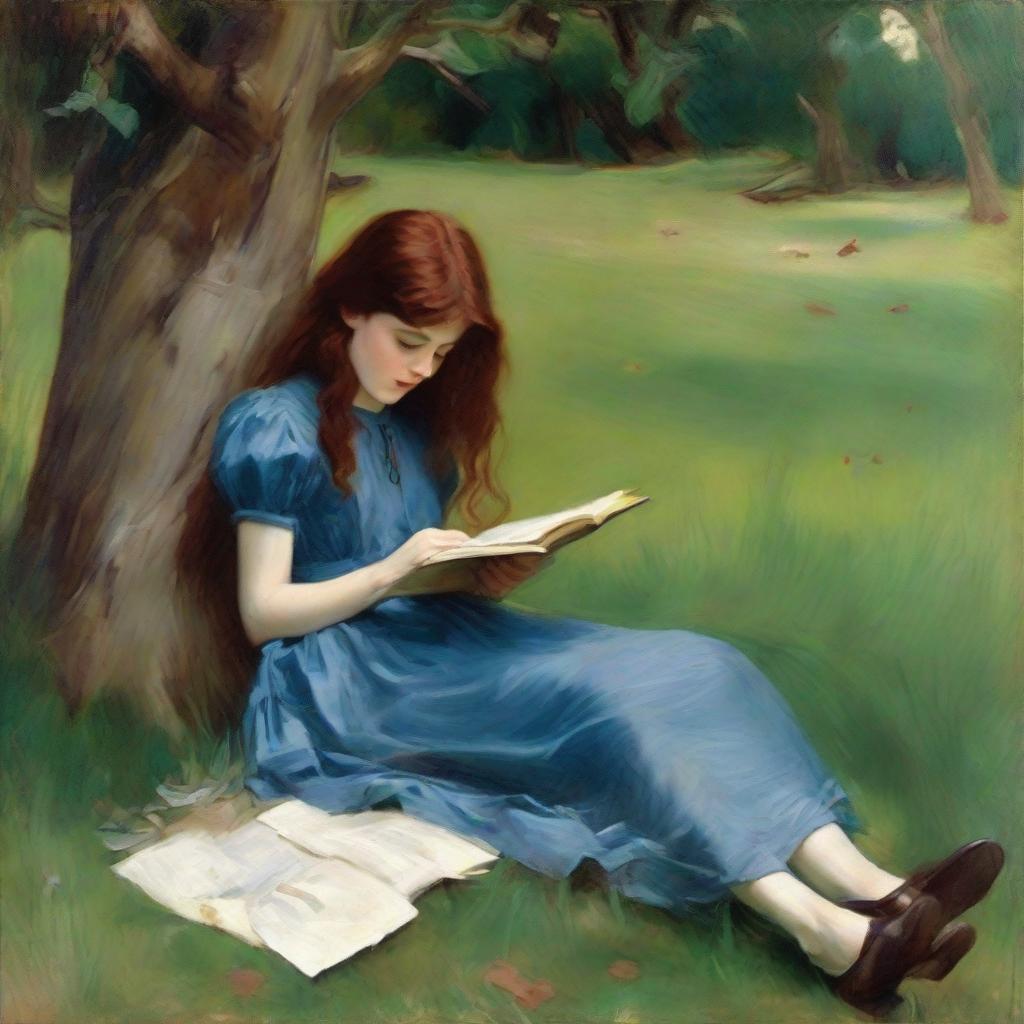 A loose style oil painting in the style of John Singer Sargent, featuring a young girl with dark red hair, wearing a blue dress. She is seen in full view, leaning against a tree, falling asleep while reading a book. The painting should have visible brush strokes.