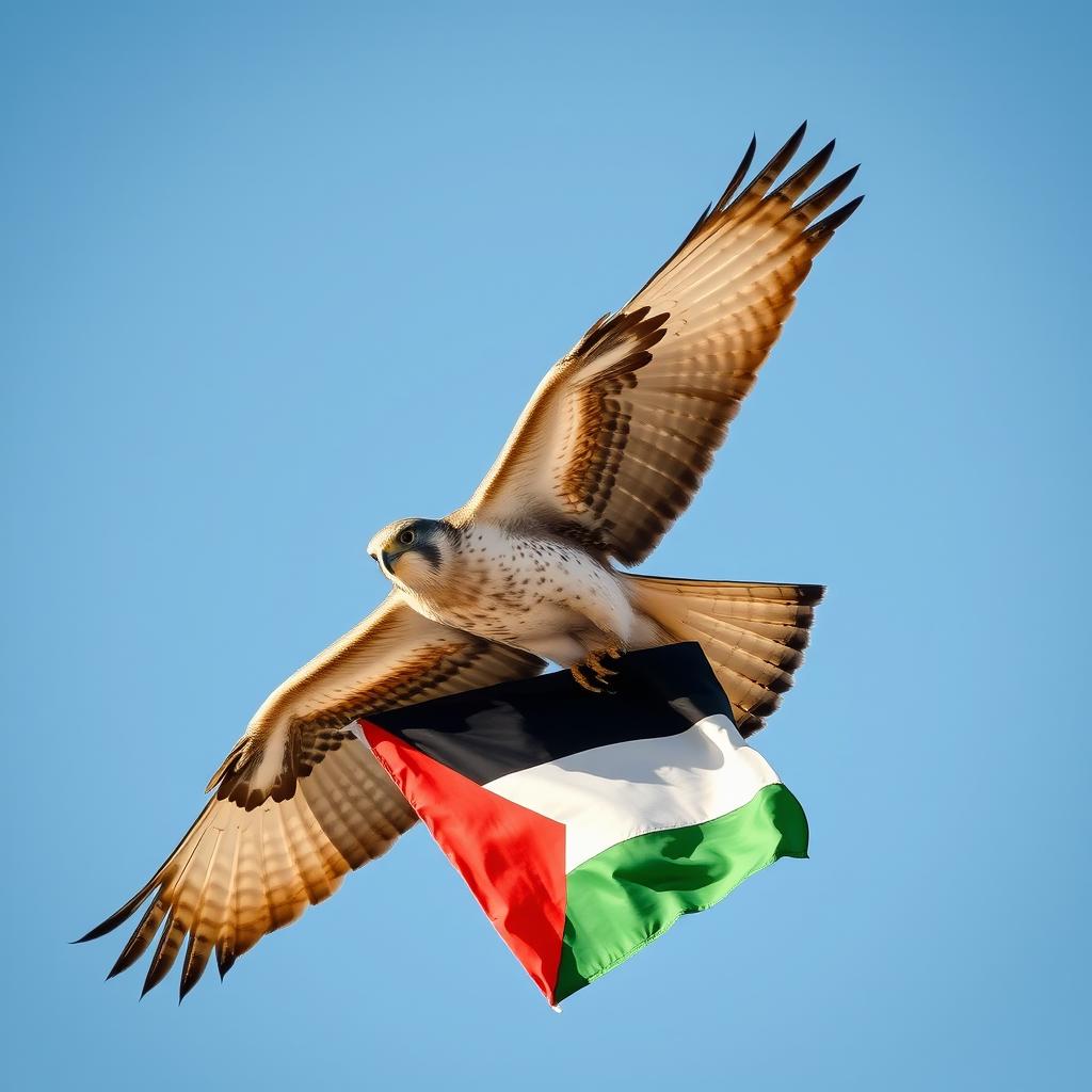 A majestic falcon soaring high in a clear blue sky, proudly clutching the Palestinian flag in its talons